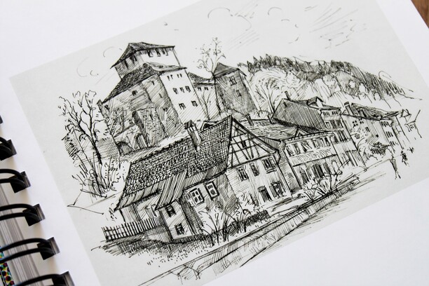 Kliemand Hans, "Feldkirch, Schattenburg mit Häuserreihe am Jahnplatz"