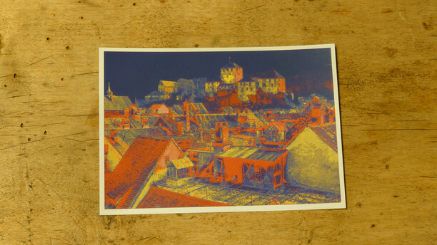 Ludwig Rusch (1949-2022): Schattenburg mit Dachlandschaft (1971) Ludwig Rusch (1949-2022): Schattenburg mit Dachlandschaft (1971)